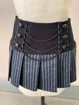 TRIPP, Black, Gray, Cotton, Spandex, Solid, Stripes, 6 Plastic Round Buttons, with 3 Connecting Chains on Yoke Front Skirt with Pleats,  Zipper CB