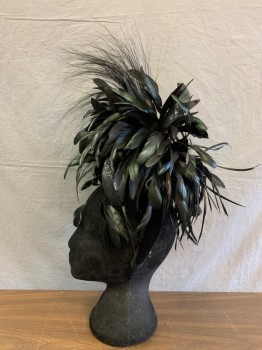 Womens, Fascinator, KOKIN, Black, Iridescent Black, Feathers, Solid, Velvet Covered Padded Headband with Attached Skull Cap Festooned with Feathers and Glitter Leaves, 360 Degrees of Spectacular