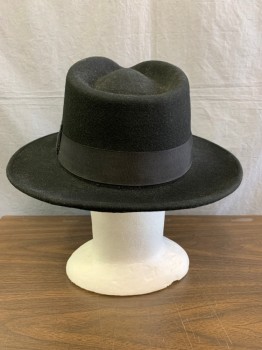 Ferrecci, Black, Wool, Solid, Traditional Wide Brimmed Fedora with Rolled and Stithed Edge, 1.5'' Grosgrain Ribbon Band