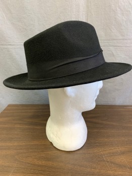 Mens, Fedora, Ferrecci, Black, Wool, Solid, 60, XL, Traditional Wide Brimmed Fedora with Rolled and Stithed Edge, 1.5'' Grosgrain Ribbon Band