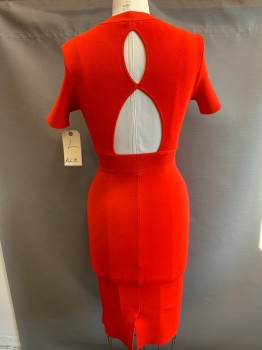 A.L.C., Red, Rayon, Nylon, Solid, Body Contour, Short Sleeves, Jewel Neck, Openwork in Back