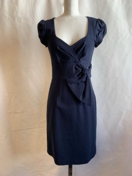 NANETTE LEPORE, Navy Blue, Modal, Nylon, Solid, Surplice V-neck, Pleated Upwards From Waistband, Cap Pleated and Draped Sleeve, 3" Waistband, Attached Tie Front Tacked Down, Back Zip, Pleated Back Hem Panel
