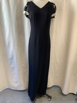 Womens, Evening Gown, BADGLEY MISCHKA, Black, Viscose, Silk, Solid, B: 34, 6, W: 28, V-neck, Cap Sleeves, Sheer Sleeves, Pearl Clusters on Sleeves. White Cuff,  Zip Back, Floor Length