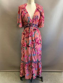 ANTHROPOLOGIE, Mauve Pink, Magenta Purple, Green, Pink, Viscose, Floral, Maxi Dress, Flutter Sleeves, V-Neck, Empire Waist With Navy Embroidered Waistband, Fabric Buttons At CF, Smocked Panels At Shoulders, Open Back