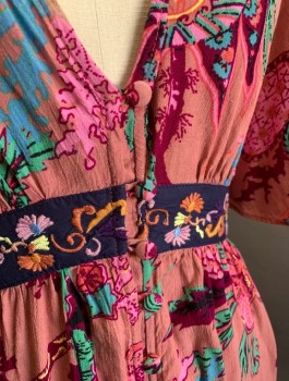 ANTHROPOLOGIE, Mauve Pink, Magenta Purple, Green, Pink, Viscose, Floral, Maxi Dress, Flutter Sleeves, V-Neck, Empire Waist With Navy Embroidered Waistband, Fabric Buttons At CF, Smocked Panels At Shoulders, Open Back