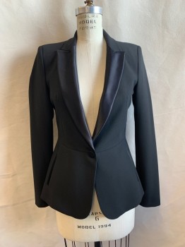 ZARA, Black, Polyester, Acetate, Solid, Peak Satin Lapel, Single Breasted, Button Front, 1 Button, Side Pockets, Padded Shoulders