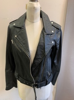 Womens, Leather Jacket, ZARA, Black, Leather, Polyester, Solid, M, Collar Attached, Notched Lapel, Multiple Zippers Silver Studs 2 Pocket, Self Belted Waist  Upper Shoulder Epaulets,