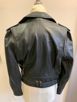 Womens, Leather Jacket, ZARA, Black, Leather, Polyester, Solid, M, Collar Attached, Notched Lapel, Multiple Zippers Silver Studs 2 Pocket, Self Belted Waist  Upper Shoulder Epaulets,