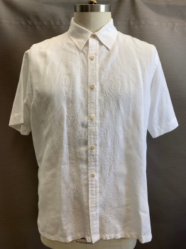 TASSO ELBA, White, Linen, Cotton, Solid, Floral, Short Sleeves, Collar Attached, Embroidered Floral Center Front,