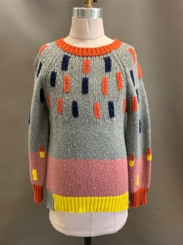 STELLA MCCARTNEY, Gray, Clay Orange, Multi-color, Wool, Polyamide, Rectangles, CN, Orange, Yellow, And Navy Rectangles, Light Pink And Yellow Striped Hem,