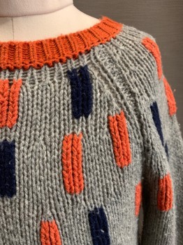 Childrens, Sweater, STELLA MCCARTNEY, Gray, Clay Orange, Multi-color, Wool, Polyamide, Rectangles, 8, CN, Orange, Yellow, And Navy Rectangles, Light Pink And Yellow Striped Hem,