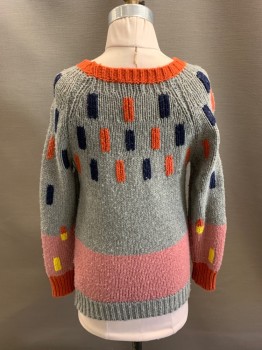 STELLA MCCARTNEY, Gray, Clay Orange, Multi-color, Wool, Polyamide, Rectangles, CN, Orange, Yellow, And Navy Rectangles, Light Pink And Yellow Striped Hem,