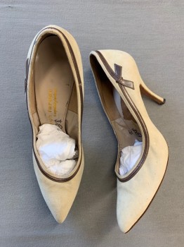 Womens, Shoe, JOSEPH LA ROSE, Cream, Brown, Suede, Solid, 7, PUMPS, Pointed Toe, Brown Leather Strip and Bow at Outside Heel