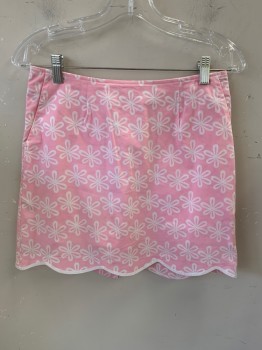 FLOWER POWER PINK, Lt Pink, White, Cotton, Elastane, Floral, Fitted Mini with Scallopped Edge Trimmed in White, 3 Pockets, Built in Shorts, Side Zipper