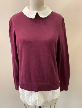 TED BAKER, Red Burgundy, White, Cotton, Polyamide, Solid, Knit Sweater with Attached White Cotton Undershirt with Self Polka Dot Pattern, Long Sleeves, Collar is Rounded
