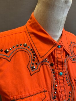 Womens, Shirt, ARIAT, Tomato Red, Cotton, S, Sleeveless, Collar Attached, Snap Front with Turquoise Snap Covers, Black/Turquoise Embroidery, Metal Studs, 2 Small Pockets with Flaps