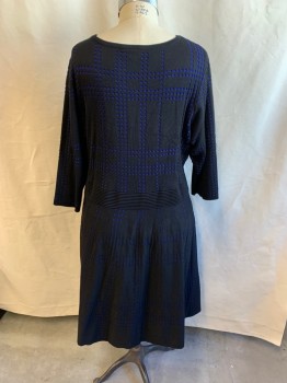 LANE BRYANT, Black, Primary Blue, Rayon, Polyester, Geometric, Solid, Double Knit, Triangle Cutouts on First Layer to Show Blue Layer Underneath, 3/4 Sleeves, Scoop Neck, Ribbed Waist