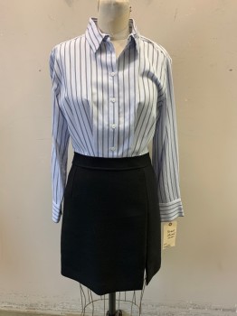 SANDRO, Lt Blue, Black, Viscose, Wool, Stripes, Solid, Long Sleeves, Button Front, Collar Attached, Striped Top with Solid Black Skirt, Side Zip, Front Slit