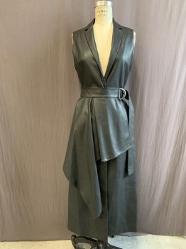 BCBG MAX AZRIA, Black, Polyurethane, Polyester, Solid, Pleather, Single Breasted, Collar Attached, Notched Lapel, Sleeveless, 1 Button, 1/2 Skirt Pleated and Asymmetrical Attached to Belt, 2 Pockets