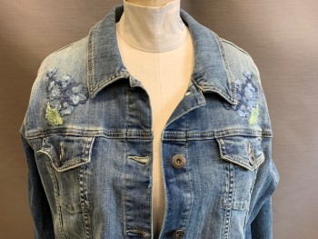 Womens, Jean Jacket, TORRID, Lt Blue, Mint Green, Cotton, Polyester, Solid, Insects Print, B:44, 4, Button Front, Floral Embroidery and Butterfly Center Back, 2 Small Breast Pockets