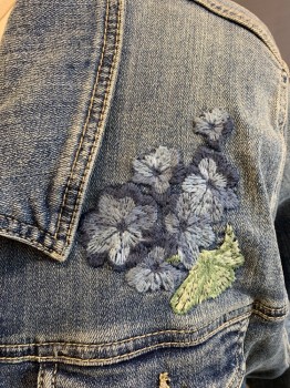 Womens, Jean Jacket, TORRID, Lt Blue, Mint Green, Cotton, Polyester, Solid, Insects Print, B:44, 4, Button Front, Floral Embroidery and Butterfly Center Back, 2 Small Breast Pockets