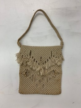 Womens, Purse 1890s-1910s, N/L, Cream, Cotton, Solid, *Aged/Distressed* Fringe Flap