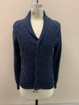GAP, Dk Blue, Cotton, Polyester, Solid, Shawl Collar, Button Front,