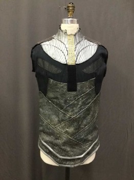Mens, Tops, M.T.O., Pewter Gray, Charcoal Gray, Faux Leather, Cotton, Reptile/Snakeskin, CH 42 , Sleeveless Top, Silver Wing Like Yoke Made Of Leather With Gold Hieroglyphs At Center Front, Black Cotton Base With Velcro Attachment Strips. Sparkly Reptile Diagonal Strips Of Pleather At Waist. Center Back Zipper With Cross Over Reptile Strips