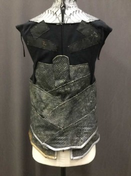 Mens, Tops, M.T.O., Pewter Gray, Charcoal Gray, Faux Leather, Cotton, Reptile/Snakeskin, CH 42 , Sleeveless Top, Silver Wing Like Yoke Made Of Leather With Gold Hieroglyphs At Center Front, Black Cotton Base With Velcro Attachment Strips. Sparkly Reptile Diagonal Strips Of Pleather At Waist. Center Back Zipper With Cross Over Reptile Strips