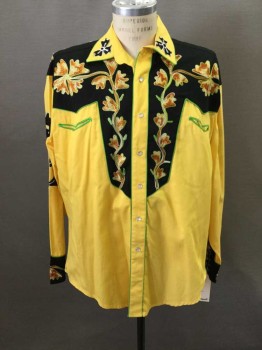 ROCKMOUNT, Yellow, Black, Cotton, Color Blocking, Collar Attached,  Snap Front, Orange/Cream/Yellow Floral Embroidery, Green Piping