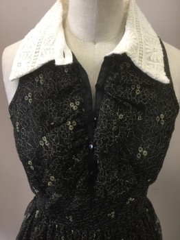 TWELVE BY TWELVE , Black, Gold, Ivory White, Synthetic, Novelty Pattern, Left Side Zipper,  4 Jet Buttons Center Front, Ivory Heavy Lace Collar and Hem, Body Black and Gold Lace with Gold Eyelet,