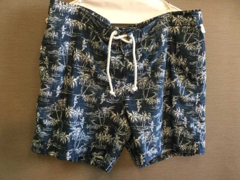 Mens, Swim Trunks, PENGUIN, Navy Blue, White, Polyester, Novelty Pattern, 34 , Swim Trunks,  Navy with White Palm Trees and Hula Dancers Pattern, White Cord Lace Up Ties At Center Front, Velcro Closure At Fly, 4 Pockets, 6.5" Inseam