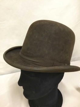 Mens, Bowler Hat 1890s-1910s, Pieroni Bruno, Tobacco Brown, Wool, Solid, 7 1/4, 1" Grosgrain Band/bow and Edge Trim, Hard, Rolled Sides Tall Crown, Good Shape