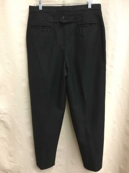 Mens, Pants 1890s-1910s, NO LABEL, Black, Wool, Solid, Open, 33, Flat Front, Button Fly, Adjustable Back Straps with Silver Buckle, Back Welt Pockets