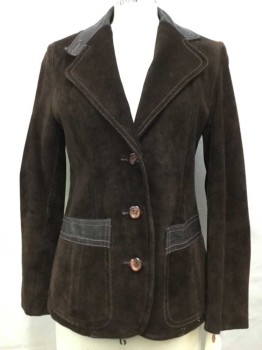 Womens, Leather Jacket, SEARS JR., Chocolate Brown, Suede, Leather, Solid, 7, 2 Buttons,  Wide Notched Lapel, Blazer, with 2 Patch Pockets, Leather Accents At Collar,Pocket Trims and Elbows, Top Button Is Broken