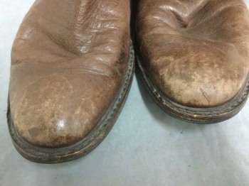 Mens, Cowboy Boots , FRYE, Brown, Leather, Solid, 10.5 D, Brown Leather with Dark Brown Piping, 1" Heel **Very Worn/Scuffed at Toes