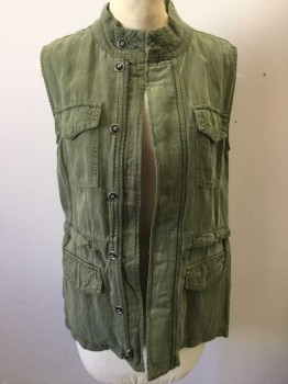 SANCTUARY, Olive Green, Tencel, Linen, Solid, Snap and Zip Front Hidden By Placket, Top Stitched Stand Collar, 4 Pockets, Drawstring at Waist Ties Center Back,