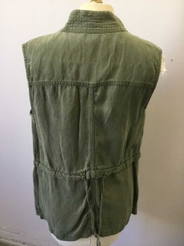 SANCTUARY, Olive Green, Tencel, Linen, Solid, Snap and Zip Front Hidden By Placket, Top Stitched Stand Collar, 4 Pockets, Drawstring at Waist Ties Center Back,