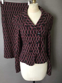 DVF, Olive Green, Black, Red, White, Maroon Red, Wool, Acrylic, Diamond Striped Knit, Double Breasted, Extra Blk Btns, Collar Attached,  Notched Lapel, Square Hem Cutout, Slit Cuffs