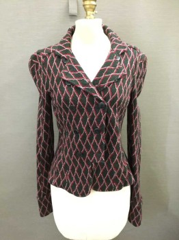 Womens, Suit, Jacket, DVF, Olive Green, Black, Red, White, Maroon Red, Wool, Acrylic, 6, Diamond Striped Knit, Double Breasted, Extra Blk Btns, Collar Attached,  Notched Lapel, Square Hem Cutout, Slit Cuffs