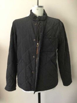 J CREW, Charcoal Gray, Cotton, Polyester, Solid, Quilted, Light Fill, Zip/Snap Front, Long Sleeves, 3 Pockets, Band Collar