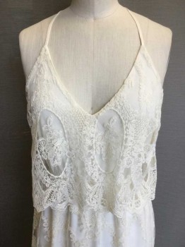 ASTR, Cream, Cotton, Polyester, Floral, (DOUBLE)  Cream Floral Lace with Cream Lining, Cream Lace Flap with Spaghetti Straps Halter, Elastic Waist, Pullover