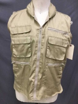 OUTDOOR, Khaki Brown, Polyester, Solid, Zip Front, Lots of Pockets--Zip, Flap, Cargo Plus One Large Pocket on Back, Hood Stows Away in Zip Collar