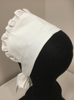 Womens, Hat, MTO, White, Geometric, Maid Cap, White with Self Circle Plaid, White Cap with Self Ruffle Trim and Neck Tie