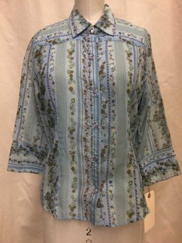 BILLABONG, Blue, Navy Blue, Brown, Green, Yellow, Cotton, Floral, Stripes, Sheer Blue, Navy/ Brown/ Green/ Yellow Floral Print & Polka Dot Stripes, Snap Front, Collar Attached, 3/4 Sleeve,