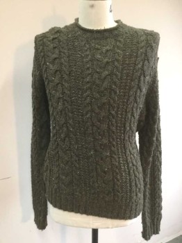 POLO RALPH LAUREN, Dk Olive Grn, Acrylic, Wool, Cable Knit, Long Sleeves, Round Neck
