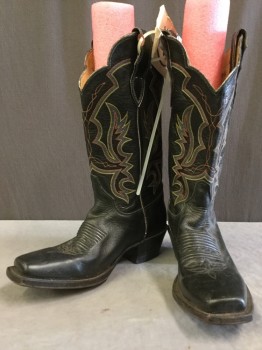 Womens, Cowboy Boots, JUSTIN, Black, Yellow, Purple, Blue, Coral Orange, Leather, Solid, Geometric, 6.5, Square Toe with Pronounced Out Sole and Welt, Rainbow Quarter Stitching, Scalloped Tops