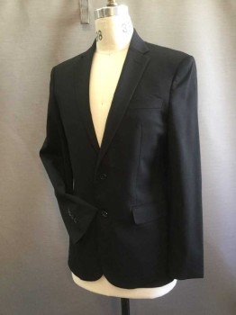 JOS A BANK, Black, Wool, Lycra, Solid, 2 Buttons,  Single Breasted, 2 Pockets with Flaps, 1 Welt Pocket. 2 Vent Slits at Back