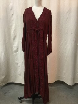 FREE PEOPLE, Red Burgundy, Rayon, Solid, Gauze, Drawstring Waist, V-neck, Floral and Dot Embroidery, Ankle Length