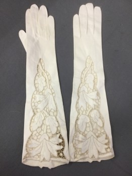Womens, Gloves 1890s-1910s, Bone White, Leather, Solid, Floral, Elbow Length  Bone White Leather, Open Lace work/Cream Embroidery in Floral Pattern,